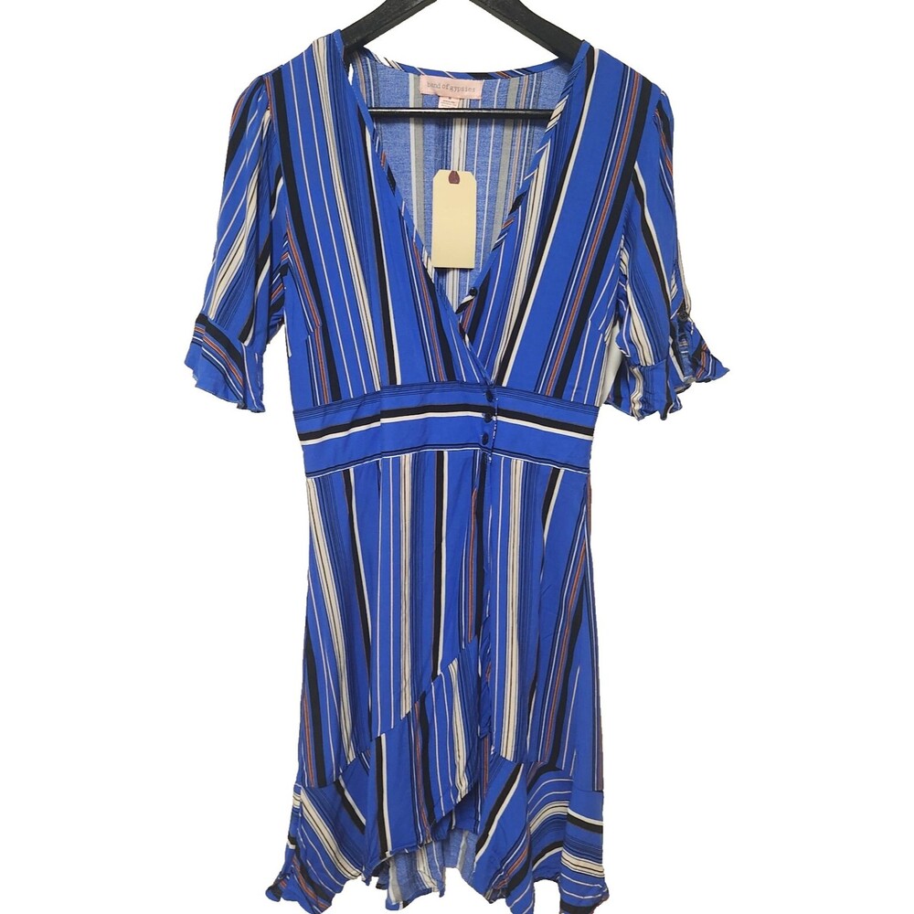Band of Gypsies Womens Dress Stripe Blue V Neck Faux Wrap Skirt Ruffle Sleeve M